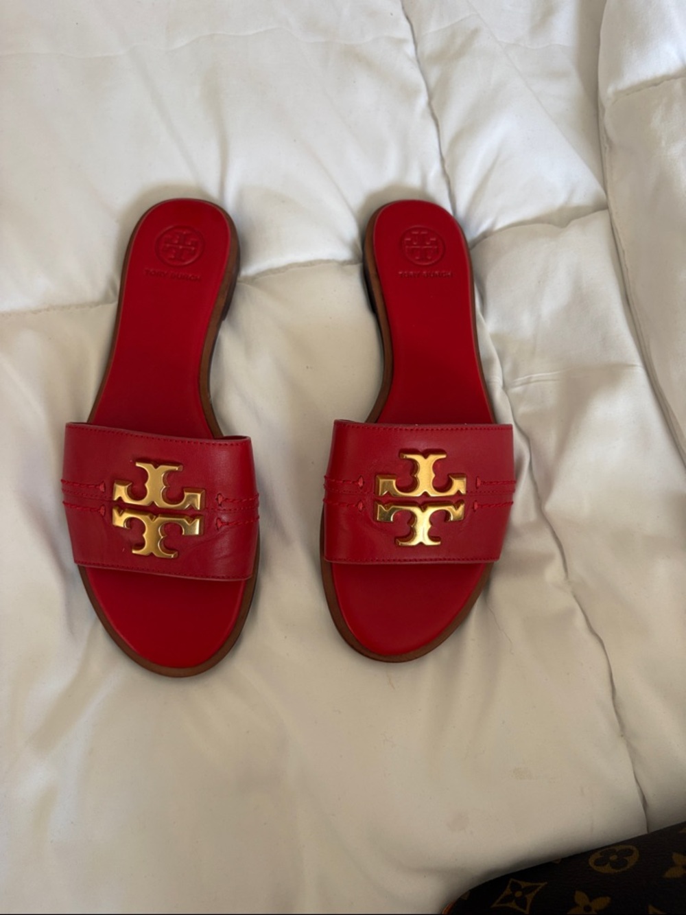 Tory Burch Red Leather Logo Slide Sandals with Gold Emblem